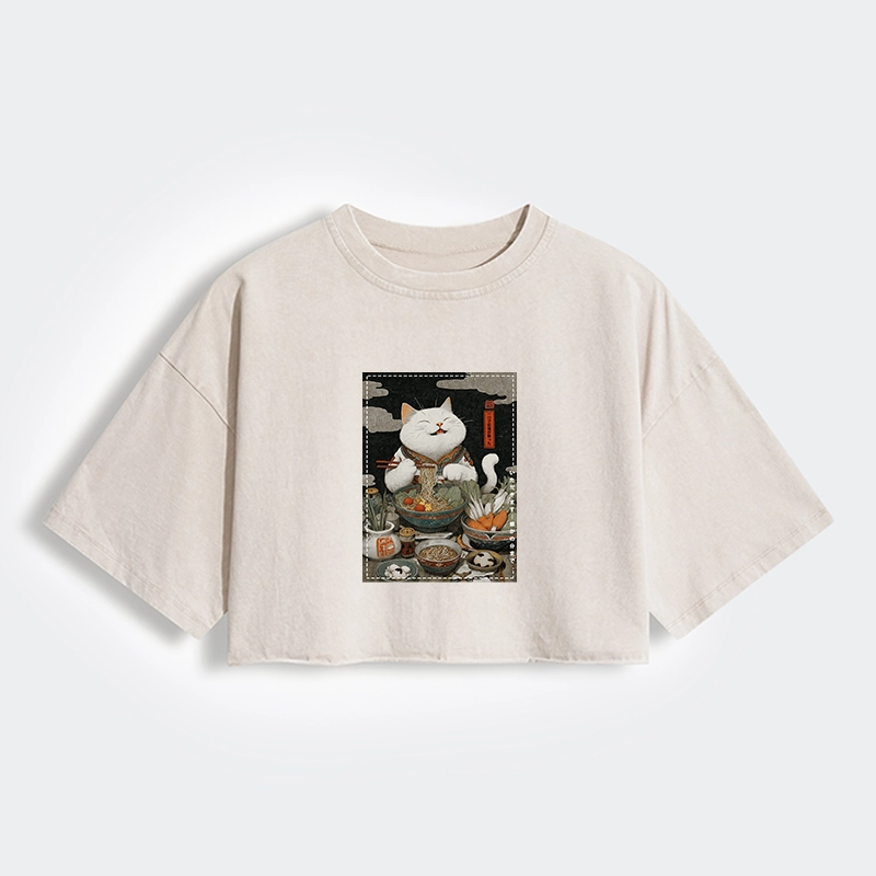 Tokyo-Lion The Ramen-Loving Cat Women's Washed Crop T-Shirt