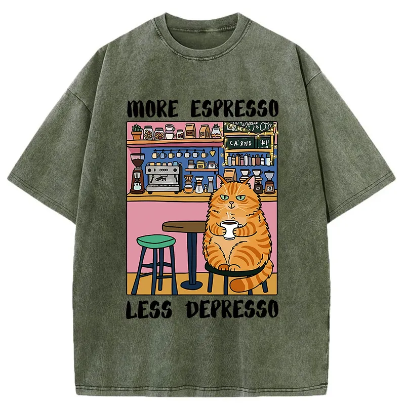 Tokyo-Lion Orange Cat Drinking Espresso Washed T-Shirt