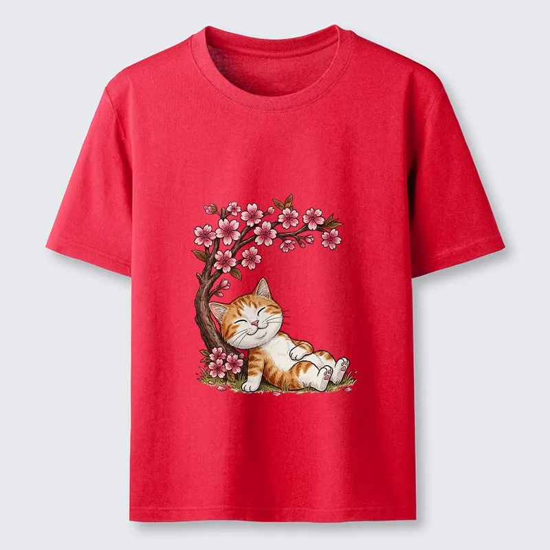 Tokyo-Lion Cat Sleeps Under Sakura Classic T-Shirt