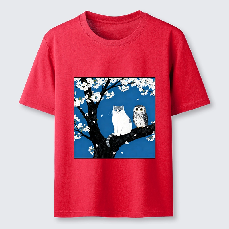Tokyo-Lion Cat And Owl Under Sakura Classic T-Shirt