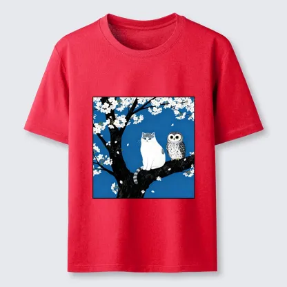 Tokyo-Lion Cat And Owl Under Sakura Classic T-Shirt