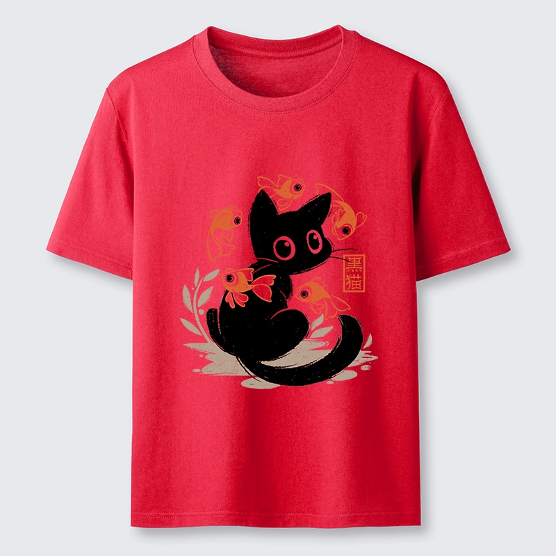 Tokyo-Lion Curious Black Cat Among Fish Classic T-Shirt-Tokyo-Lion