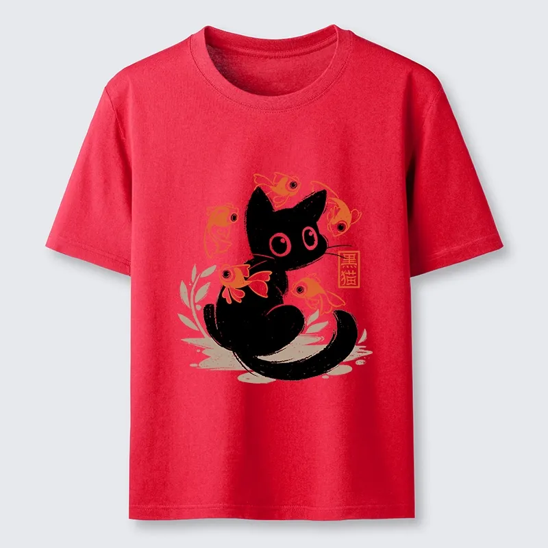 Tokyo-Lion Curious Black Cat Among Fish Classic T-Shirt-Tokyo-Lion