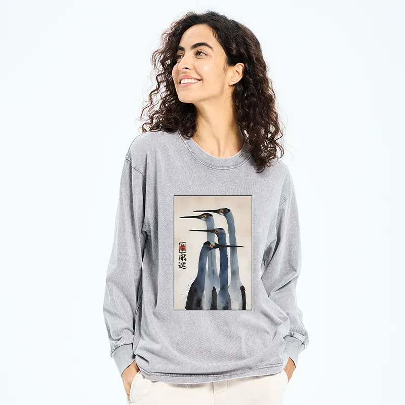 Tokyo-Lion Retro Sandhill Crane Washed Long Sleeve T-Shirt-Tokyo-Lion