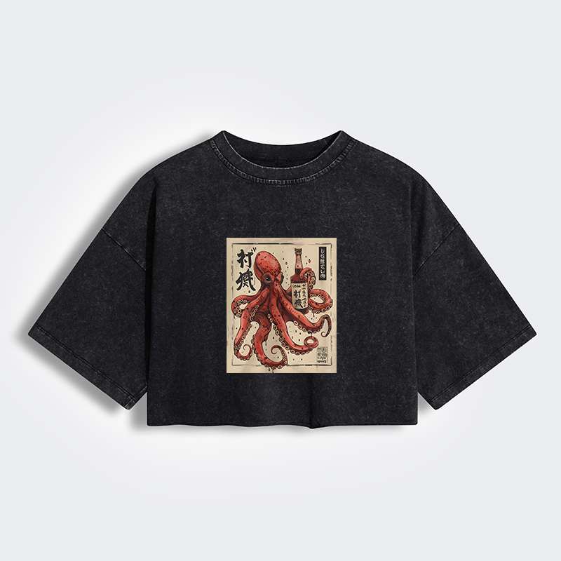 Tokyo-Lion Osaka Saké Octopus Women's Washed Crop T-Shirt