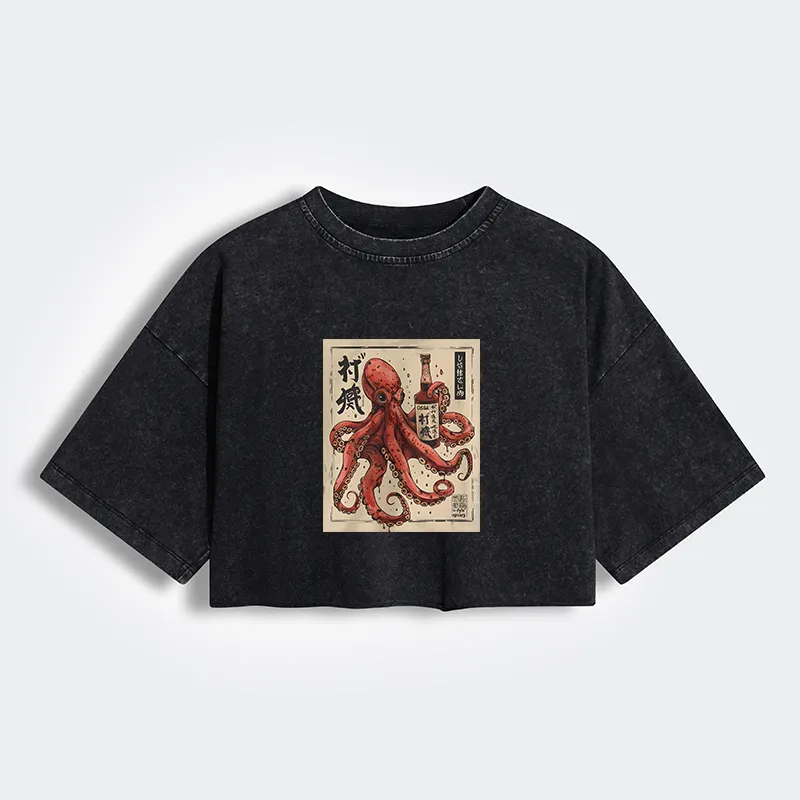 Tokyo-Lion Osaka Saké Octopus Women's Washed Crop T-Shirt
