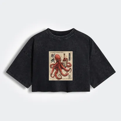 Tokyo-Lion Osaka Saké Octopus Women's Washed Crop T-Shirt
