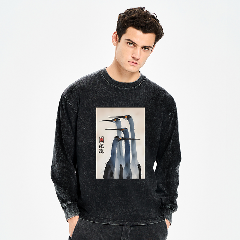 Tokyo-Lion Retro Sandhill Crane Washed Long Sleeve T-Shirt-Tokyo-Lion