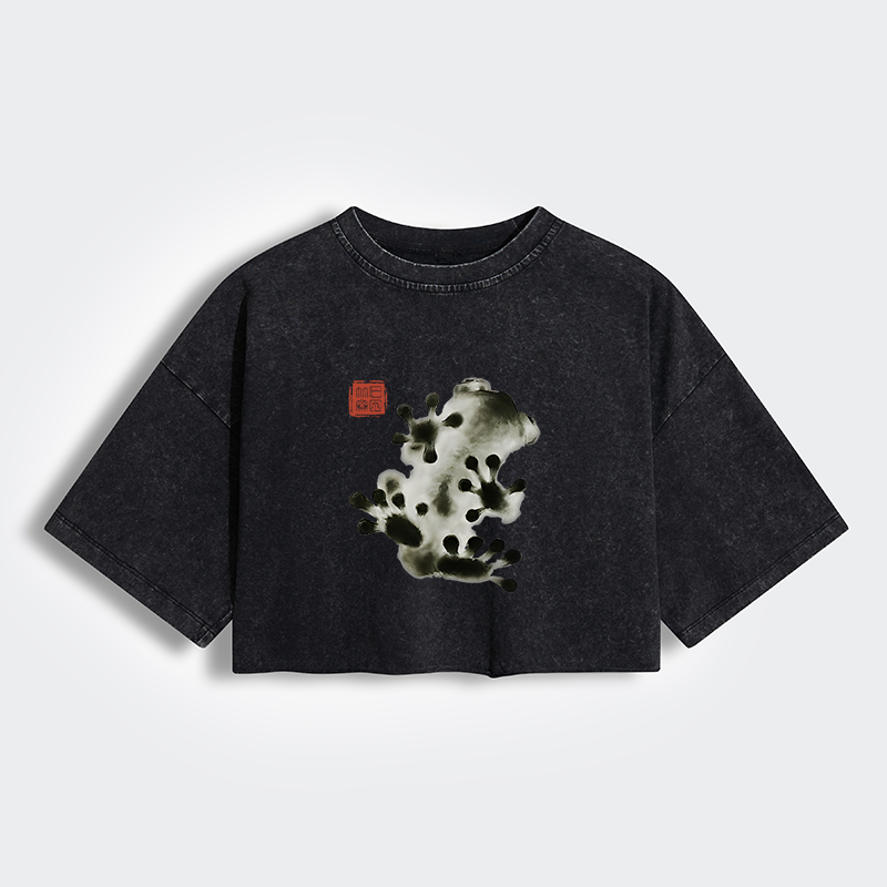 Tokyo-Lion Ink Painting Frog Women's Washed Crop T-Shirt