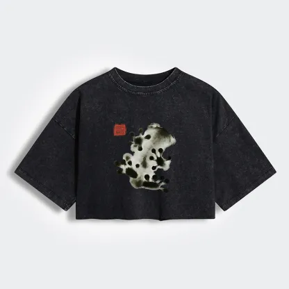Tokyo-Lion Ink Painting Frog Women's Washed Crop T-Shirt