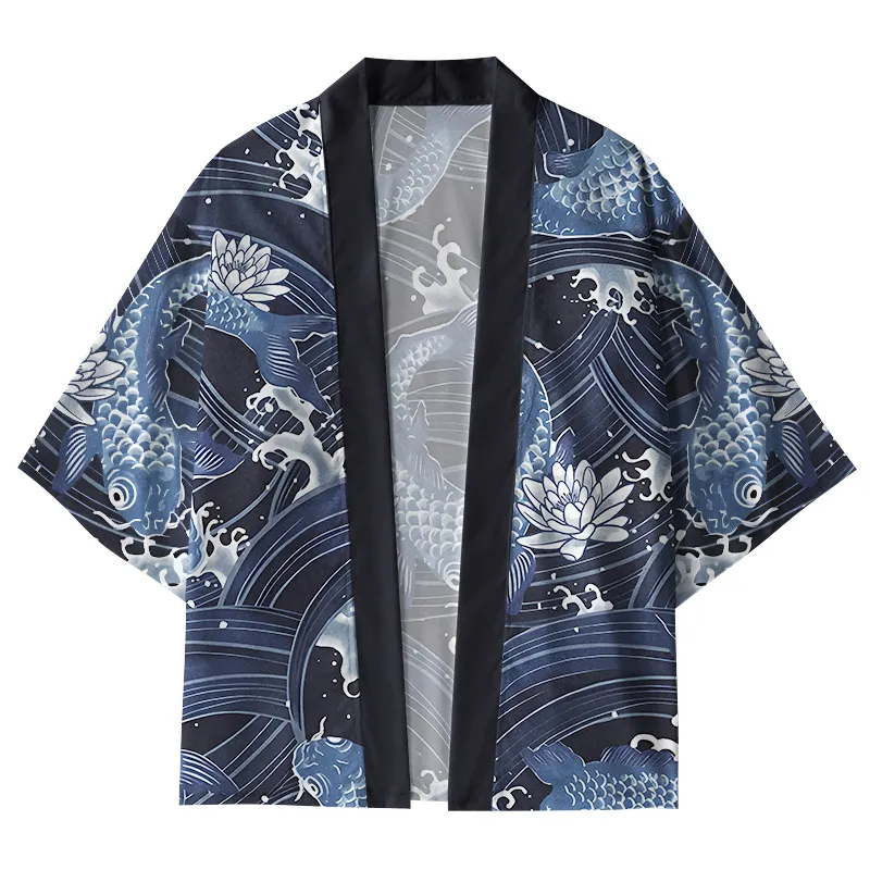 Tokyo-Lion Blue Koi With Lotus Kimono Cardigan