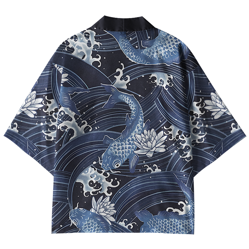 Tokyo-Lion Blue Koi With Lotus Kimono Cardigan