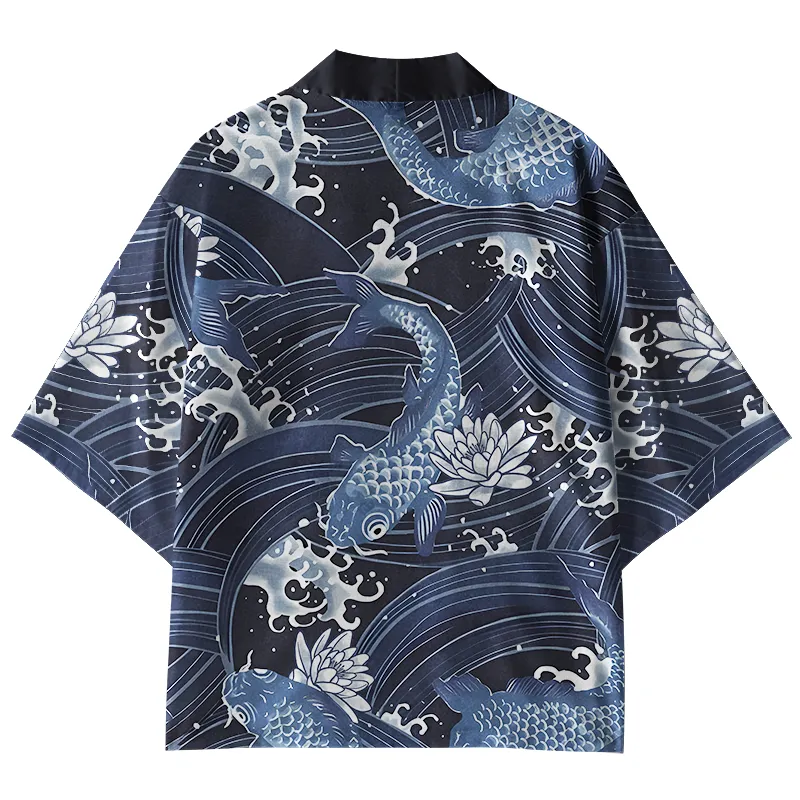 Tokyo-Lion Blue Koi With Lotus Kimono Cardigan