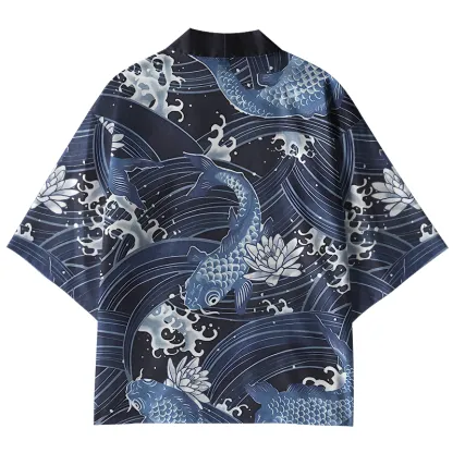Tokyo-Lion Blue Koi With Lotus Kimono Cardigan