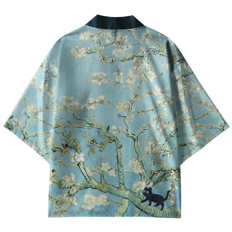 Tokyo-Lion Black Cat On Sakura Branch Kimono Cardigan