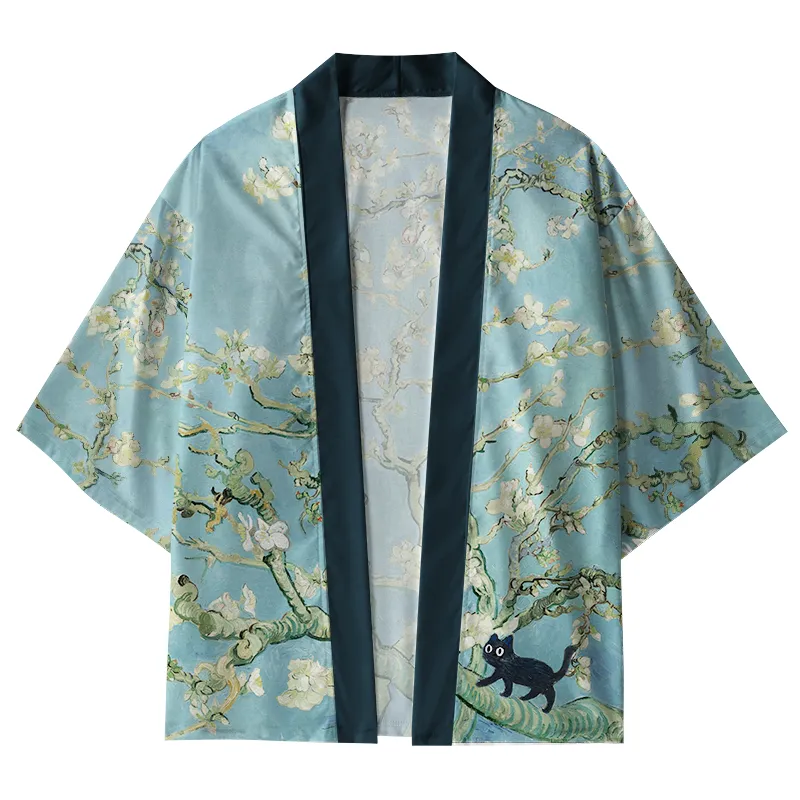 Tokyo-Lion Black Cat On Sakura Branch Kimono Cardigan