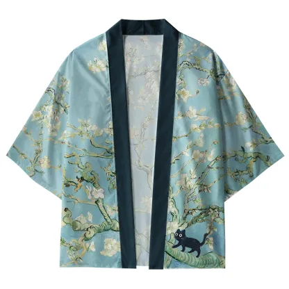 Tokyo-Lion Black Cat On Sakura Branch Kimono Cardigan
