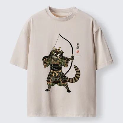 Tokyo-Lion Kyudo Raccoon Samurai Washed T-Shirt
