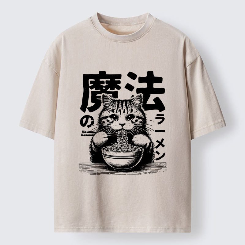Tokyo-Lion Cat Eating Magic Ramen Washed T-Shirt