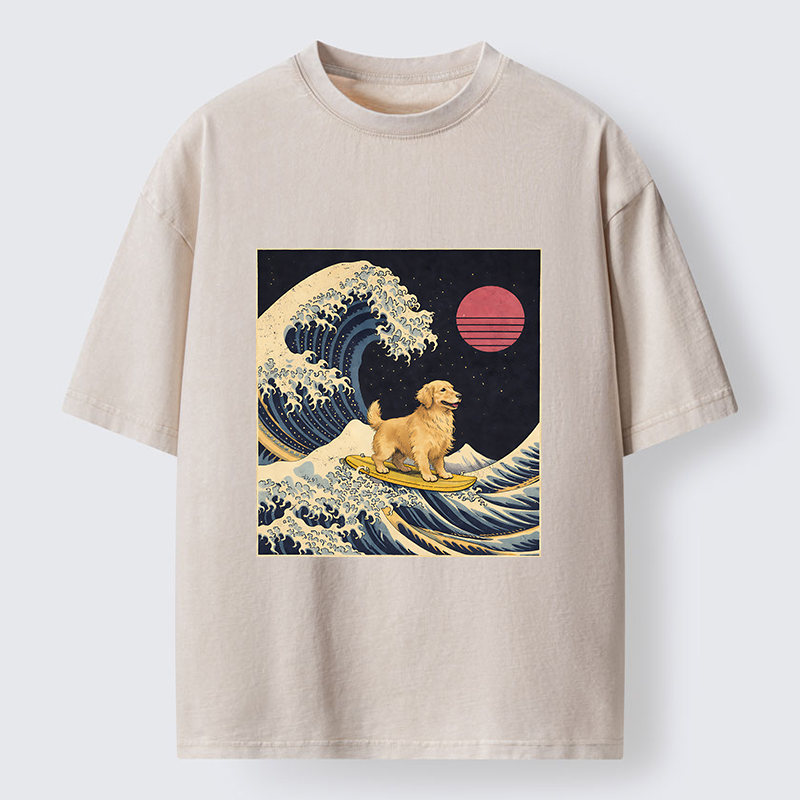 Tokyo-Lion The Great Wave Dog Funny Washed T-Shirt