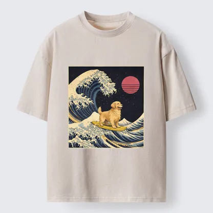 Tokyo-Lion The Great Wave Dog Funny Washed T-Shirt
