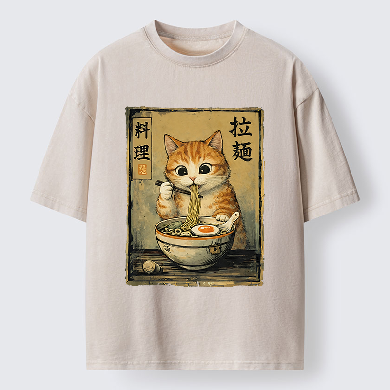 Tokyo-Lion Retro Ginger Cat Ramen Washed T-Shirt