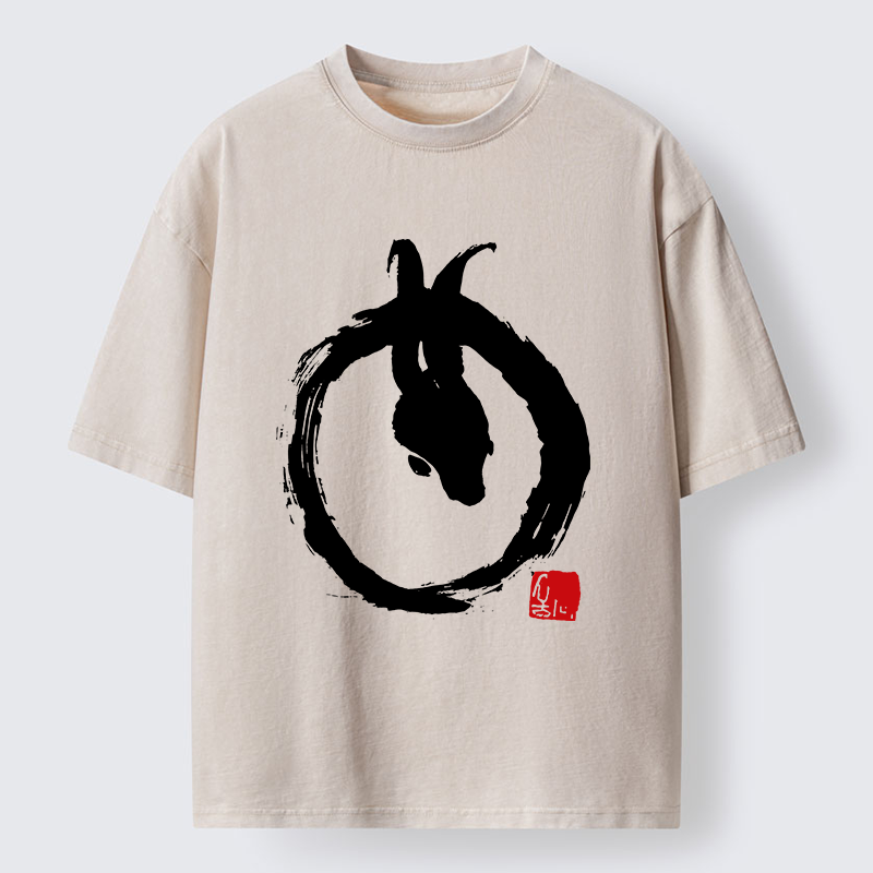 Tokyo-Lion Ink Painting Zen Enso Rabbit Washed T-Shirt