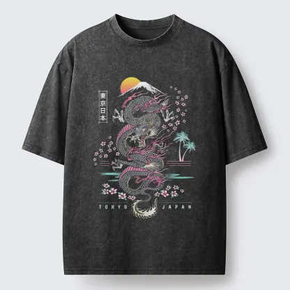 Tokyo-Lion Retro Japanese Dragon Washed T-Shirt