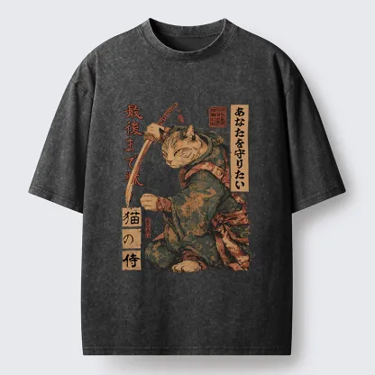 Tokyo-Lion Retro Cat Japanese Samurai Funny Washed T-Shirt