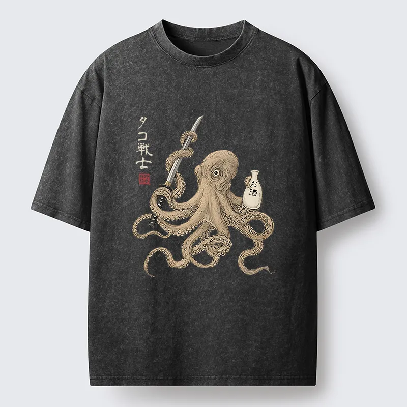 Tokyo-Lion Octopus Samurai And Sake Washed T-Shirt