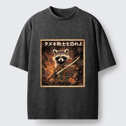Tokyo-Lion Japanese Raccoon Samurai Funny Washed T-Shirt