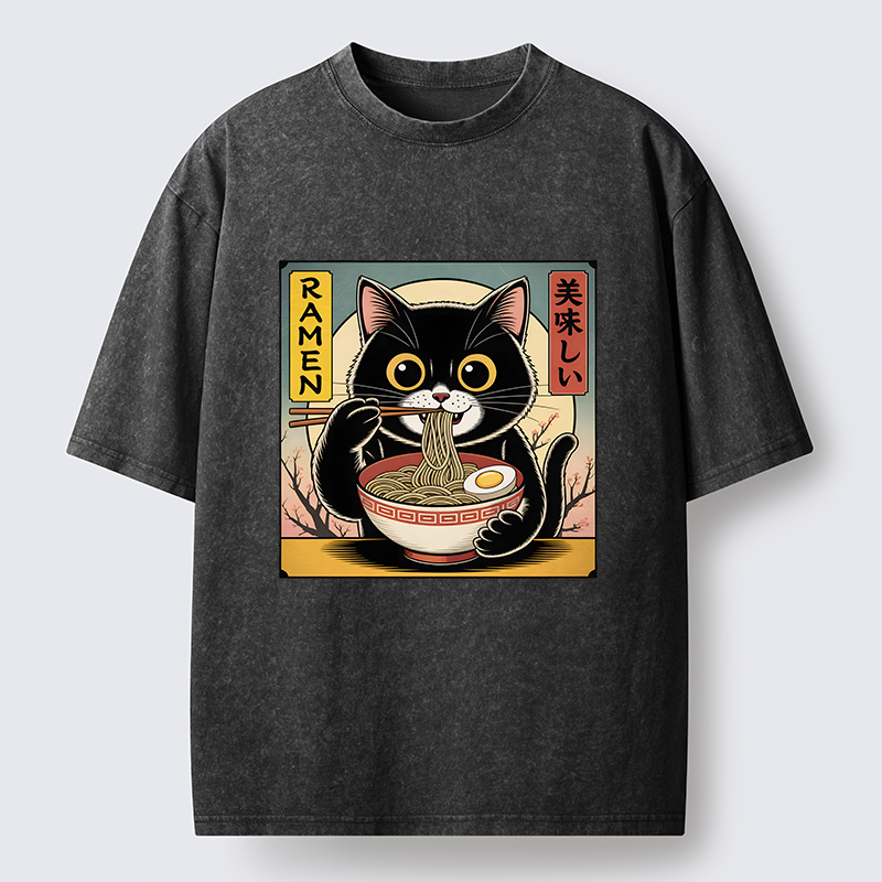 Tokyo-Lion Black Cat Eats A Big Bowl Of Ramen Funny Washed T-Shirt