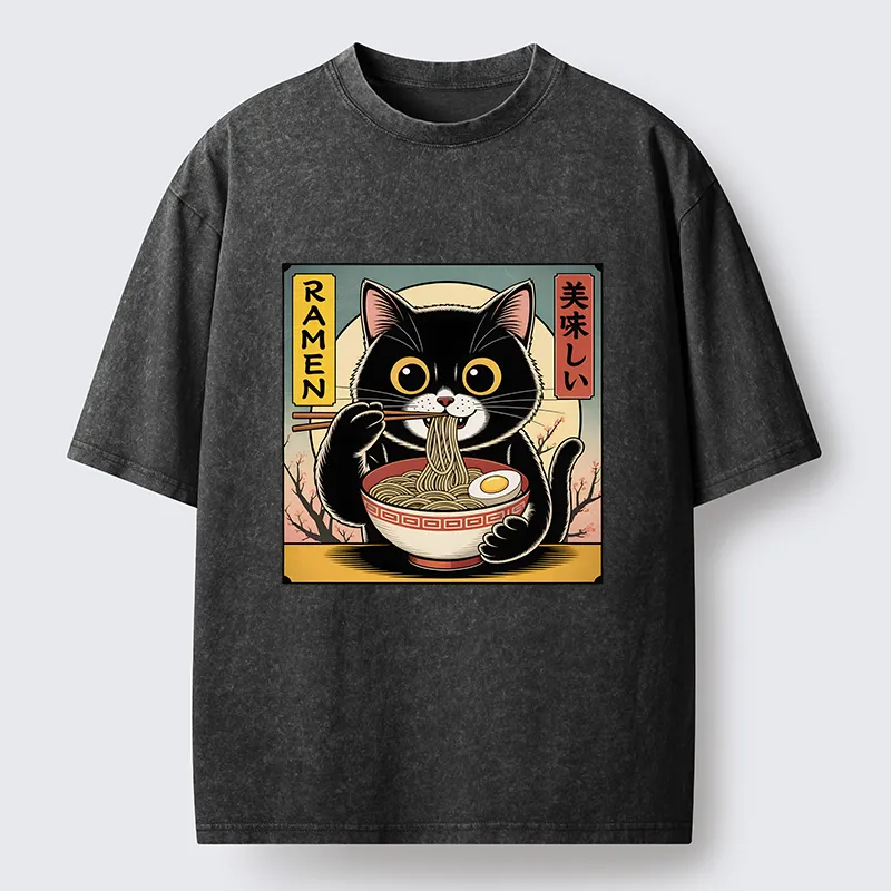Tokyo-Lion Black Cat Eats A Big Bowl Of Ramen Funny Washed T-Shirt