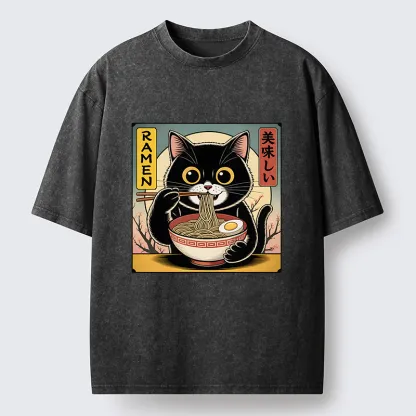 Tokyo-Lion Black Cat Eats A Big Bowl Of Ramen Funny Washed T-Shirt
