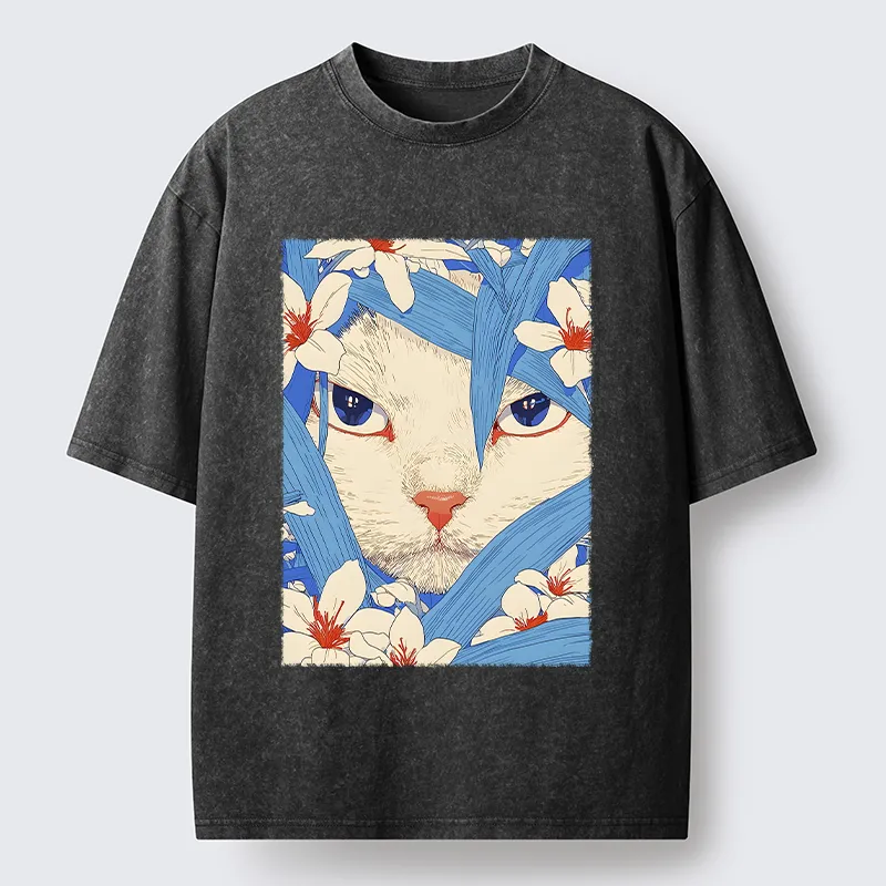 Tokyo-Lion Cat In The Grass Washed T-Shirt