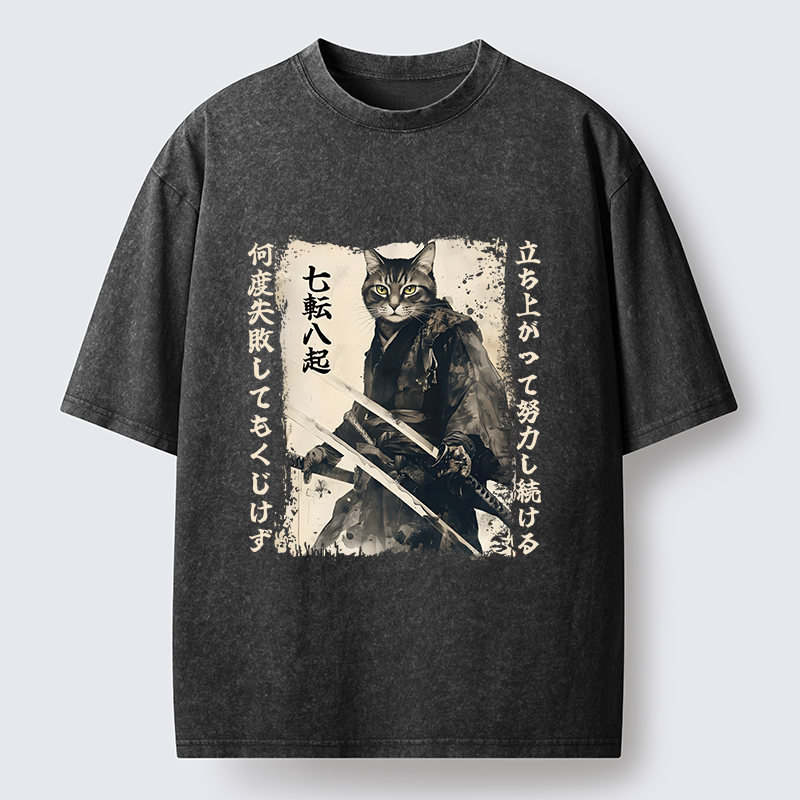Tokyo-Lion Samurai Japanese Cat Washed T-Shirt