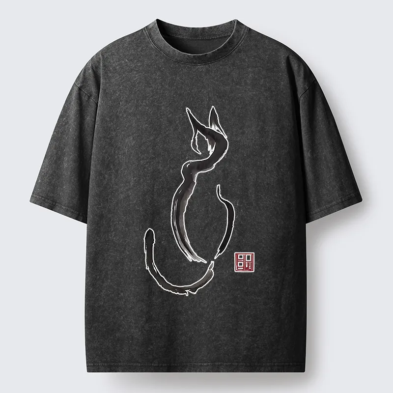 Tokyo-Lion Minimalist Cat Ink Washed T-Shirt-Tokyo-Lion