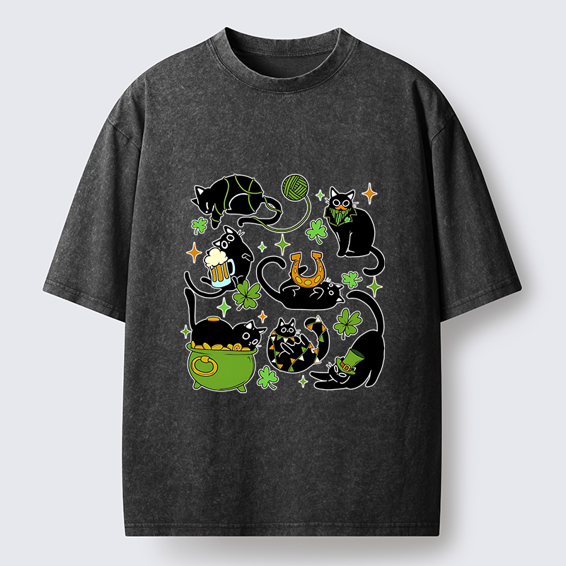 Tokyo-Lion St Patrick's Day Black Cat Funny Washed T-Shirt