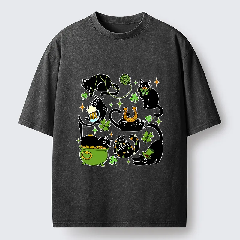 Tokyo-Lion St Patrick's Day Black Cat Funny Washed T-Shirt