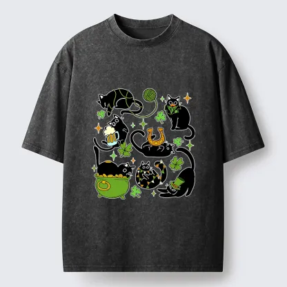 Tokyo-Lion St Patrick's Day Black Cat Funny Washed T-Shirt