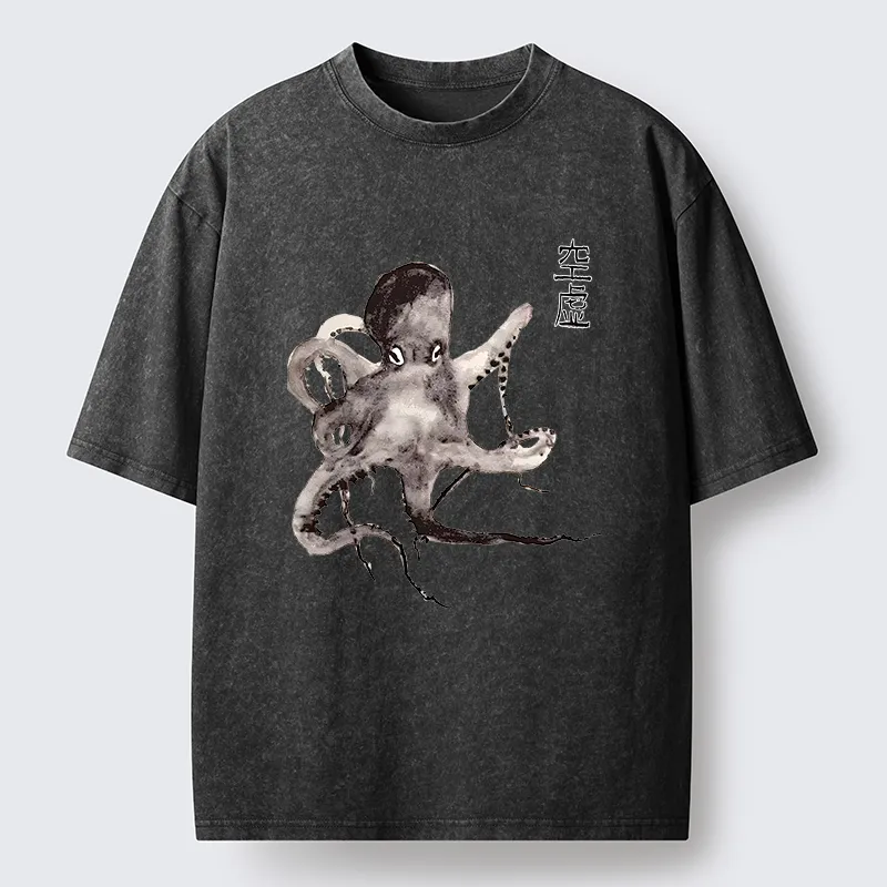 Tokyo-Lion Octopus Ink Painting Washed T-Shirt