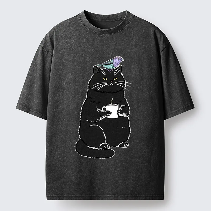 Tokyo-Lion Black Cat And Bird Washed T-Shirt