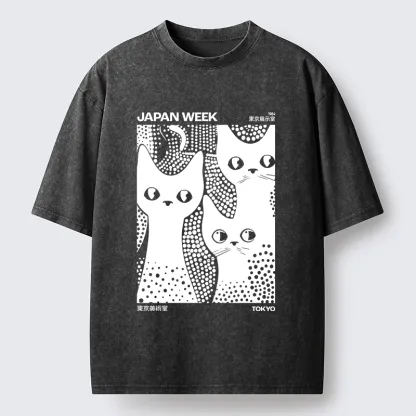 Tokyo-Lion Black Cat Polka Dot Art Washed T-Shirt