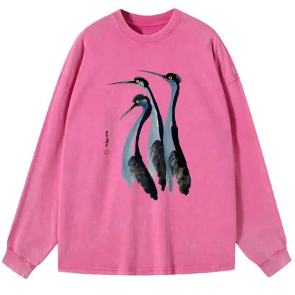 Tokyo-Lion Blue Crane Washed Long Sleeve T-Shirt