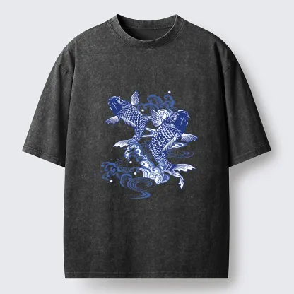 Tokyo-Lion Traditional Koi Pattern Washed T-Shirt