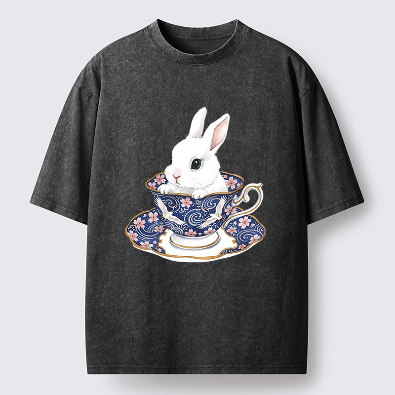 Tokyo-Lion Cute Rabbit Tea Set Washed T-Shirt
