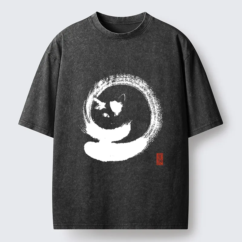 Tokyo-Lion Ink Painting Of A Fat Cat Washed T-Shirt