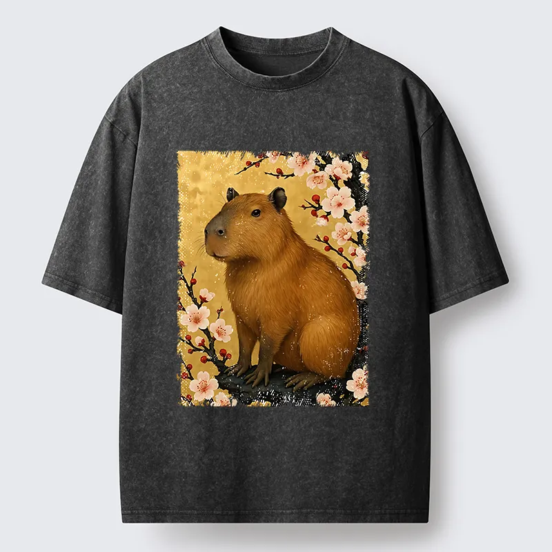Tokyo-Lion Capybara And Sakura Washed T-Shirt