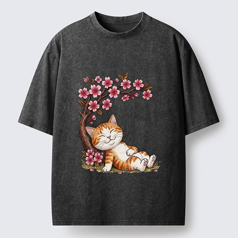 Tokyo-Lion Cat Sleeps Under Sakura Washed T-Shirt