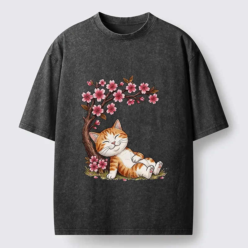Tokyo-Lion Cat Sleeps Under Sakura Washed T-Shirt